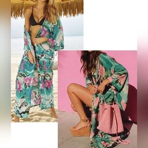 Κimono Vintage Green Pink Cotton Floral Birds Boho Swim Cover-up/Duster Size OS